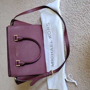 Michael Kors Saffiano Leather Satchel in Maroon in Burgundy